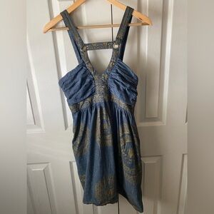 VINTAGE Y2K Apple Bottoms Blue Chambray Gold Medallion Sleeveless Mini Dress M